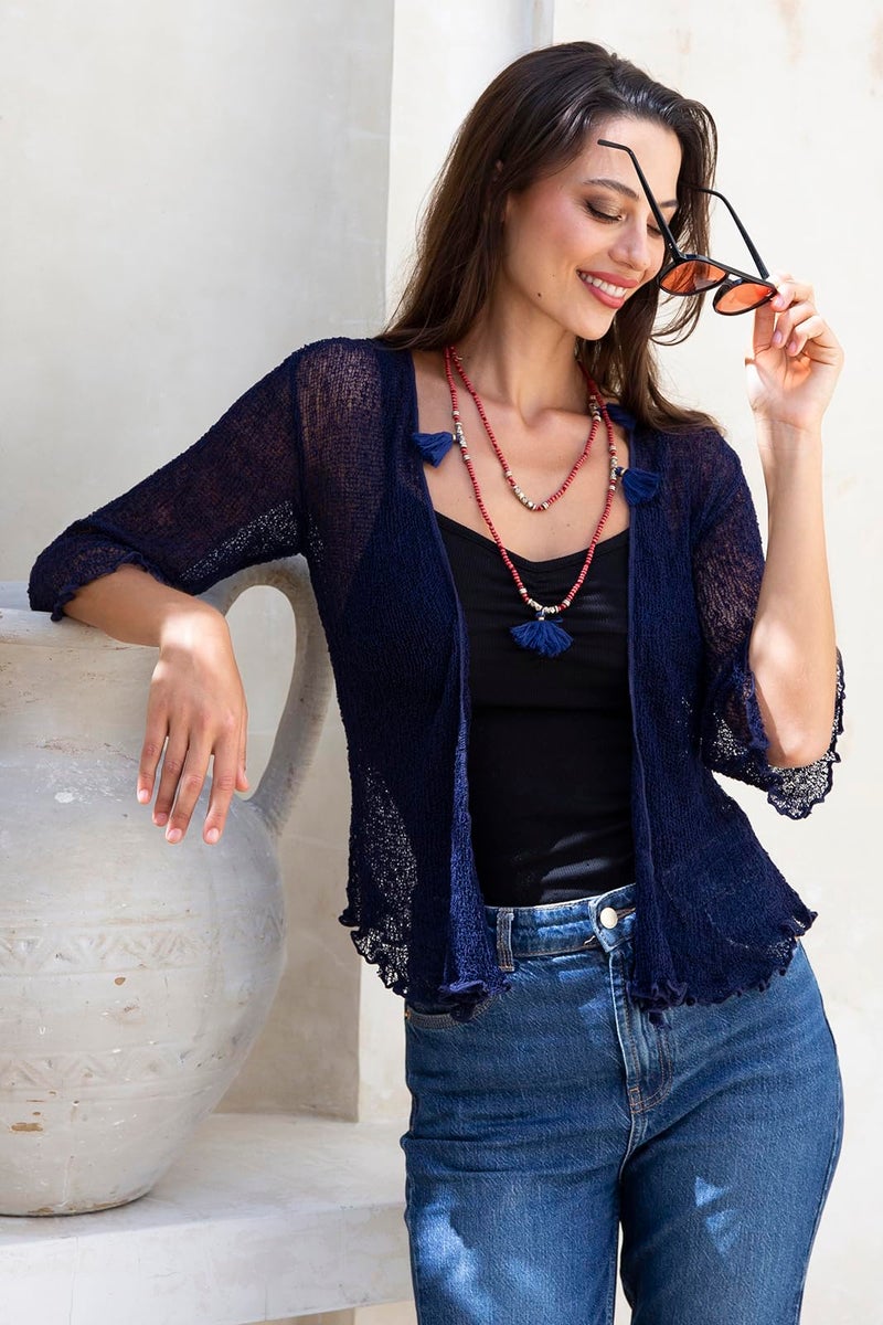 Back From Bali Womens Lightweight Knit Cardigan Shrug Lite Sheer Dark Navy - Image 5